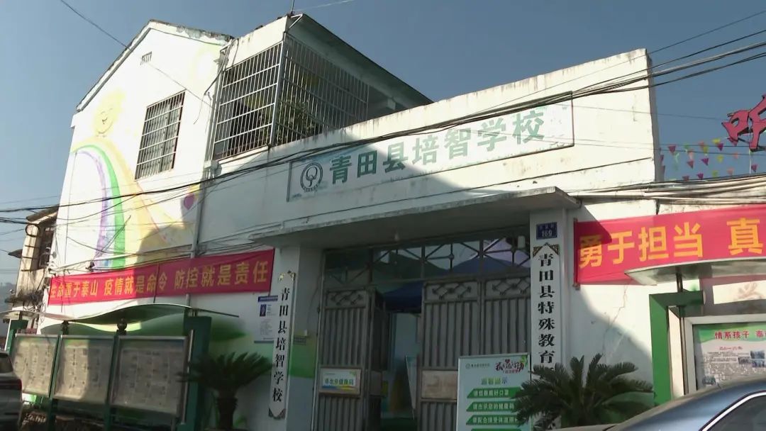 石溪中学89届初中2班的代表们带着这些物资来到了青田县培智学校,这些