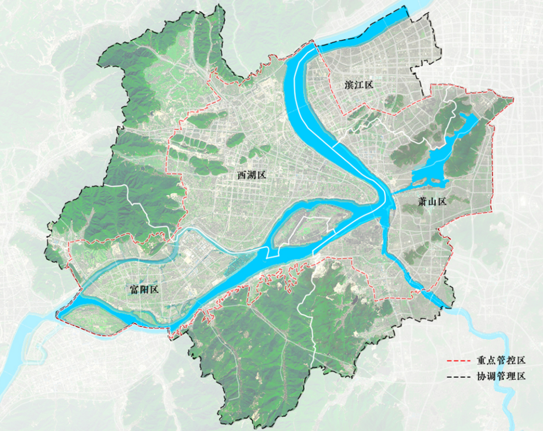 265平方公里,主要涉及西湖区,滨江区, 萧山区和富阳区4个区,11个街道