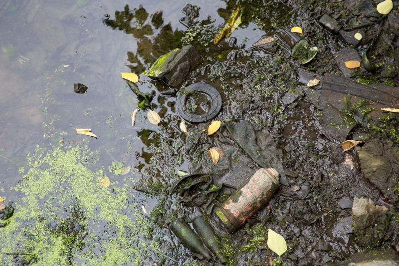 官河段,同和公寓北面老火车站货运码头,河底淤泥和杂物可见